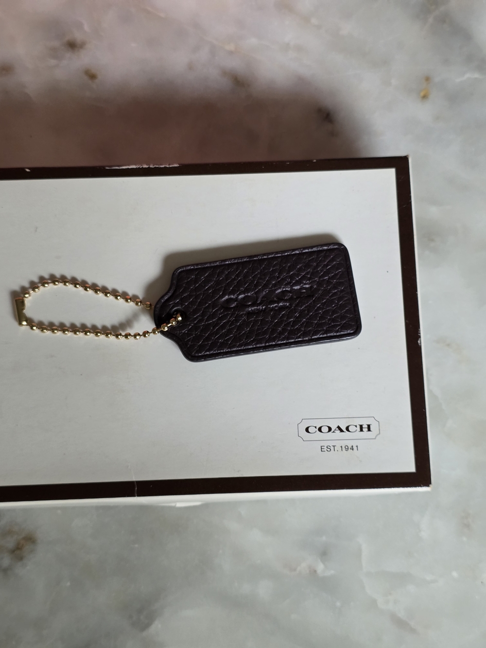 Coach Pebbled Large Leather Tag/Charm in Dark Brown with Gold Ball Chain